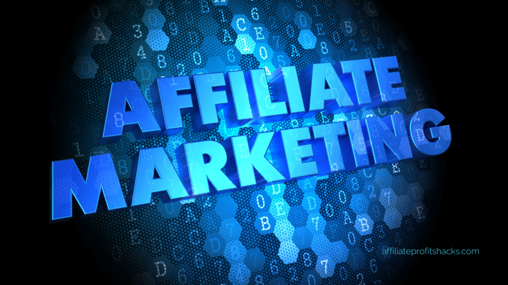 Digital graphic with the words "AFFILIATE MARKETING" in bold blue 3D text, centered over a black background filled with blue hexagonal patterns and numbers.