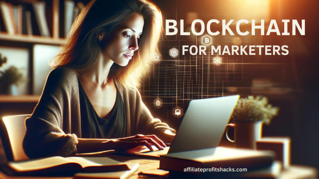 A professional young woman focused on her laptop with the text "Blockchain for Marketers" prominently displayed and a subtle blockchain-inspired overlay.