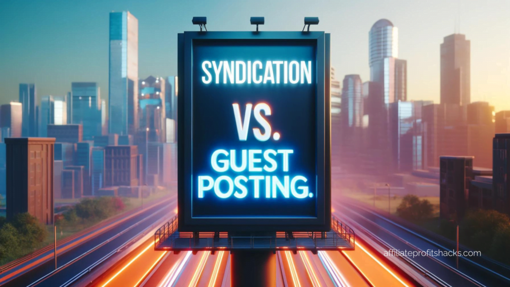 "Illuminated billboard displaying 'SYNDICATION VS. GUEST POSTING' with a cityscape and light trails from traffic in the background."