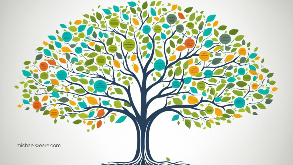 A vibrant tree illustration with colorful leaves representing the interconnected aspects of SEO marketing.