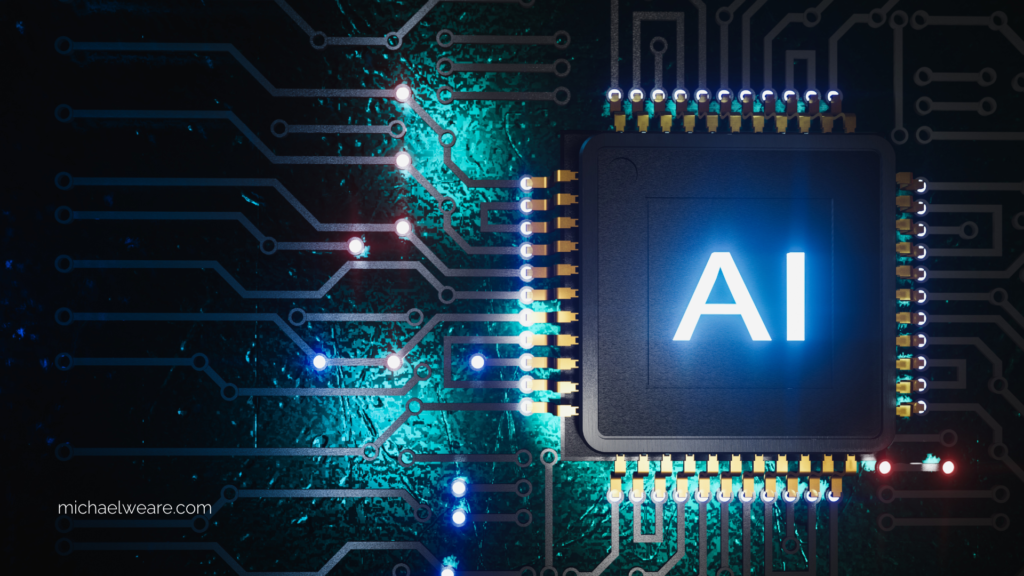 AI microchip on a circuit board with glowing lines - michaelweare.com
